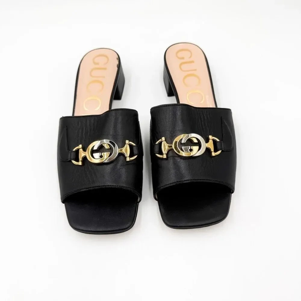 Gucci Zumi GG Horsebit Slide Sandals Black Mules EU 37.5 US 7.5